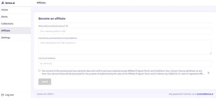 Lenso.ai affiliate program application dashboard with sign up entry payout structure commission rates and partner application controls