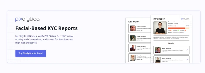 Lenso.ai facial-based KYC report feature screenshot showing automated identity verification workflow face analysis match scoring and report generation for know-your-customer compliance