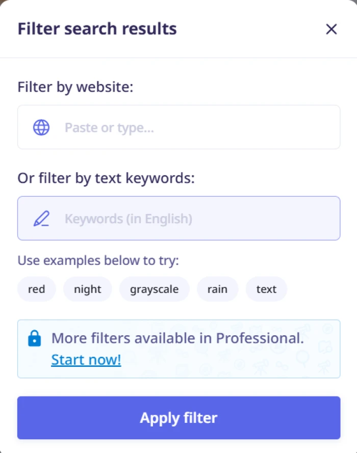 Lenso.ai advanced filter search results panel with domain filtering keyword search language filters sort controls saved collections and refinement options for power-user image discovery