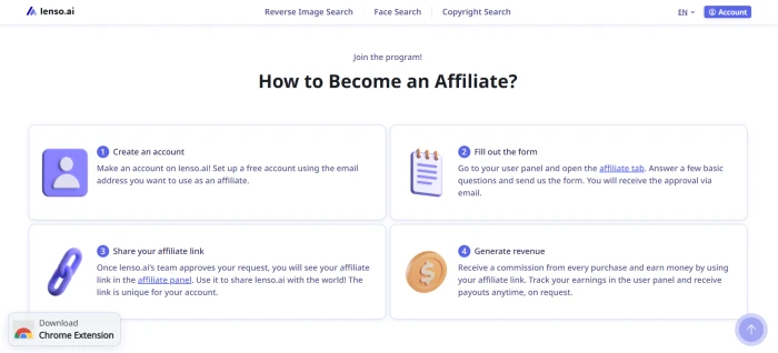Lenso.ai affiliate program second view showing partner benefits tracking dashboard commission visualization and referral analytics