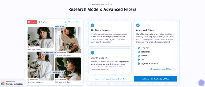 Lenso.ai Research Mode and advanced filter feature page showing 10x deeper search capability domain language filters and professional tier discovery features