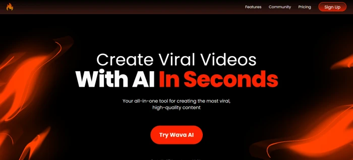 Wava AI pre-login marketing dashboard showing faceless video creation features ElevenLabs voiceover integration TikTok Reels Shorts positioning and signup entry