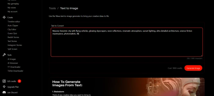 Wava AI image generation interface with text prompt input field model selection aspect ratio controls and generation entry without free credit availability