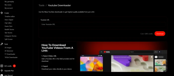 Wava AI YouTube video downloader interface with URL input field format selection quality options and download entry controls