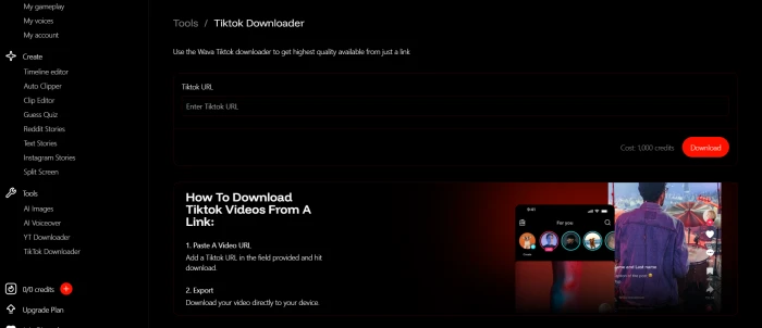 Wava AI TikTok video downloader interface with URL input field watermark removal options and direct download controls