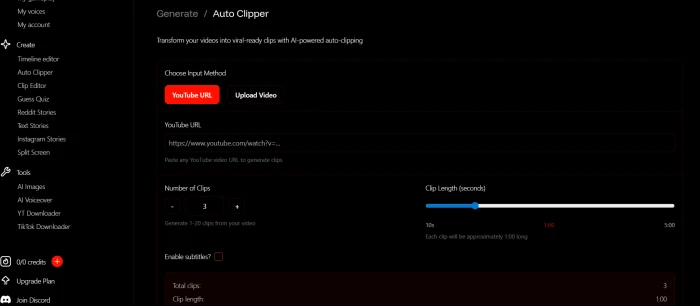 Wava AI Autocliper dashboard interface with video upload source content selection automatic clip generation and short-form output controls