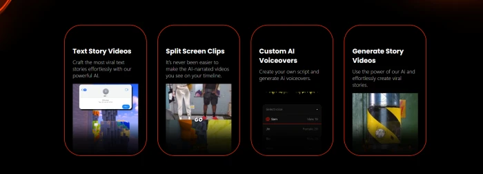 Wava AI marketed features grid showing platform capabilities script templates background clips voiceover integration auto captions and multi-tool positioning