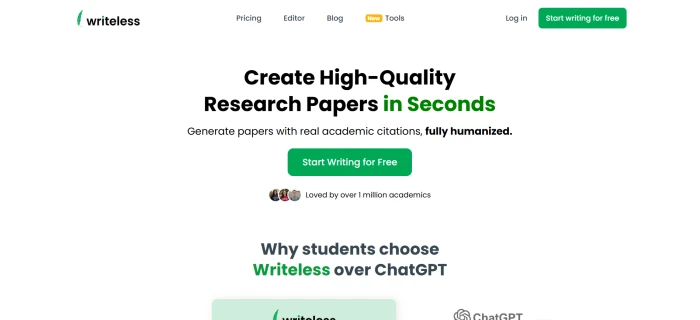 Writeless AI pre-login marketing dashboard showing AI essay writer features citation formats humanizer claims and student-focused positioning