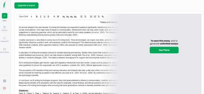 Writeless AI essay generation result on Future of AI writing topic with 10 citations showing half of essay visible and remaining portion paywalled requiring subscription upgrade
