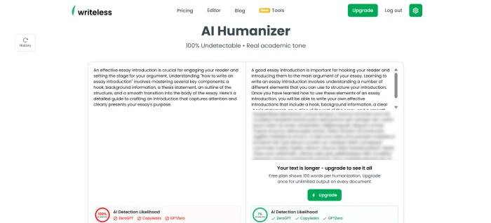 Writeless AI humanizer interface showing input field with Writeless own blog content pasted detection score showing 100 percent AI detected and humanize action button ready