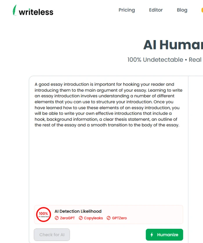 Writeless AI humanizer second test result showing humanized text re-tested through same detector with 100 percent AI still detected proving circular failure on platform own humanizer
