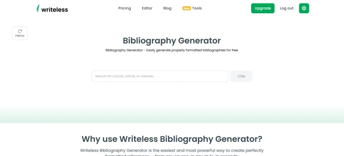 Writeless AI bibliography generator dashboard interface with citation entry source input format selection and bibliography list output controls