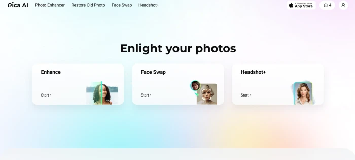 Pica AI dashboard interface showing multi-tool suite face swap headshot generator photo enhancer restoration entry points and tool navigation