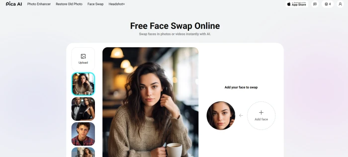 Pica AI face swap dashboard with photo upload area face swap controls multi-face options and processing entry interface