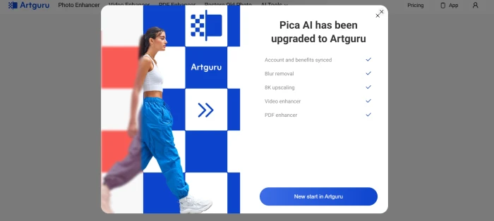 Pica AI enhance photo feature page displaying message stating Pica AI has been upgraded to ArtGuru with brand transition information and migration notice to users