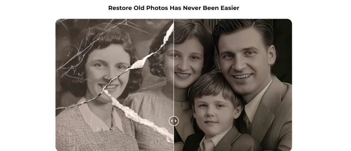 Pica AI restore old photo feature marketing page showing color recovery damage repair faded scan restoration and emotional family photo reclamation capability