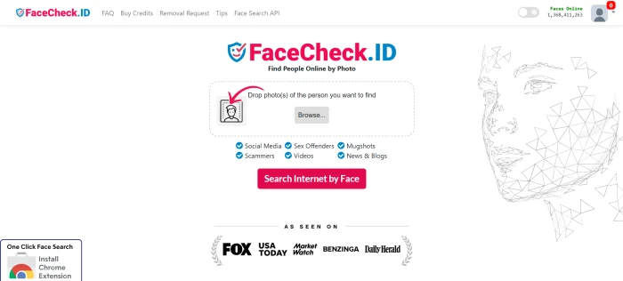FaceCheck.ID main dashboard interface showing reverse face search entry photo upload area search workflow and account access