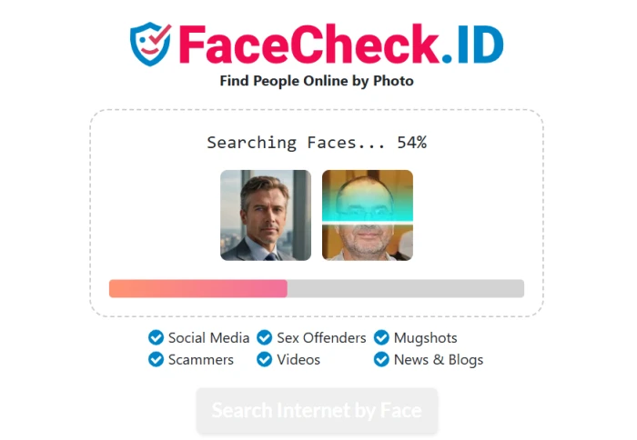 FaceCheck.ID face search processing phase showing AI generated test image upload analysis progress indicator and biometric search across indexed web sources