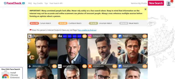 FaceCheck.ID search results page showing matched face thumbnails confidence scores source URLs and verification links from indexed publicly available web pages