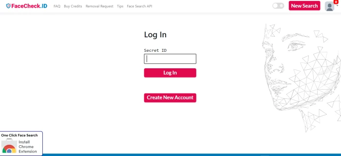 FaceCheck.ID login interface accepting only secret ID number for authentication without requiring email mobile or personally identifiable information