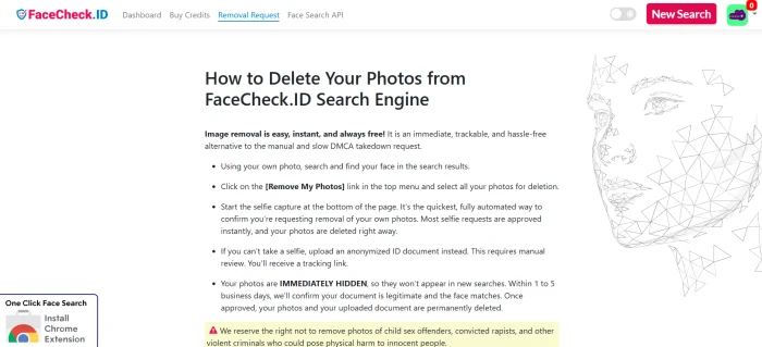 FaceCheck.ID removal request page with step-by-step process documentation for users to delete their photos from the face search engine database including form submission identity verification and delisting workflow