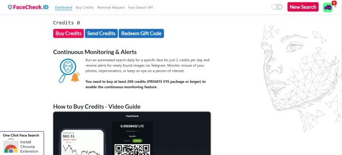 FaceCheck.ID post-login authenticated dashboard with face search upload area credit balance display recent searches history and account menu navigation