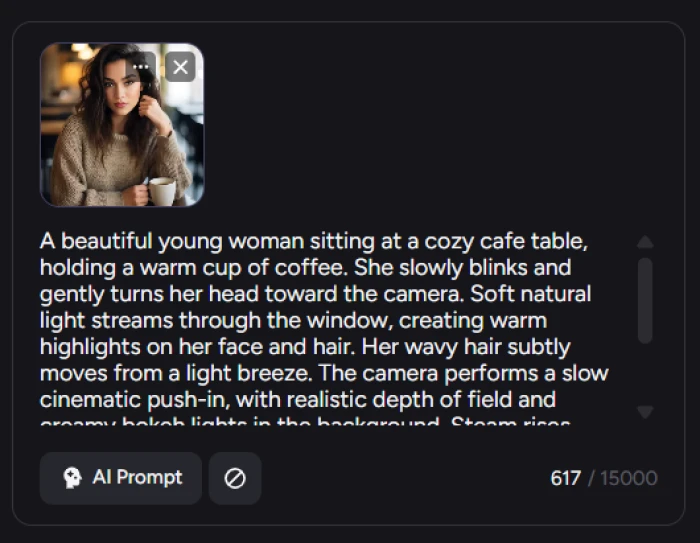 Akool image-to-video workflow showing source portrait of young woman at cafe with detailed cinematic prompt input including coffee cup soft natural light wavy hair cinematic push-in and ultra-realistic 4K specifications