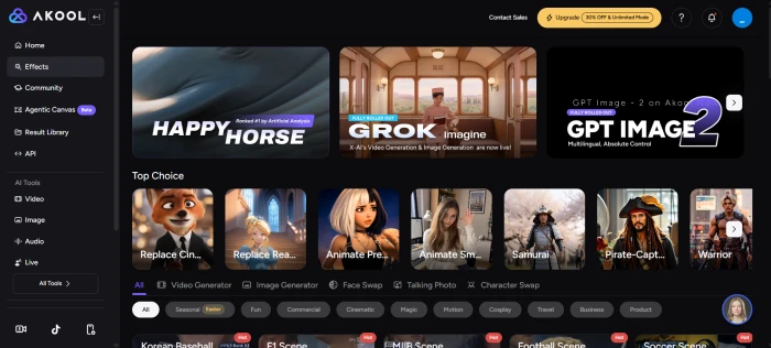 Akool effects dashboard interface with multiple AI video effects categories face swap talking photo image-to-video streaming avatar and effect preview thumbnails
