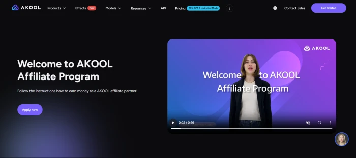Akool affiliate program welcome page with partner signup commission structure referral tracking dashboard and earning entry interface for content creators and agencies