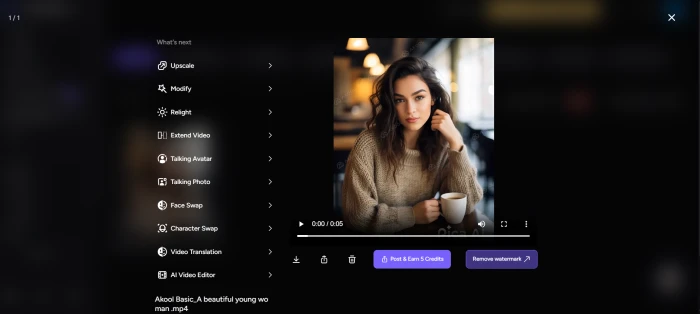 Akool generated image-to-video output result page showing successful cinematic video generation with cafe scene young woman coffee soft lighting and shareable link interface