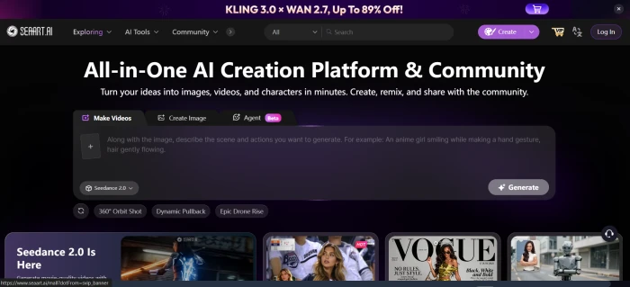 SeaArt.ai main dashboard showing multi-tool AI creative platform with image generation video character story navigation and trending community art