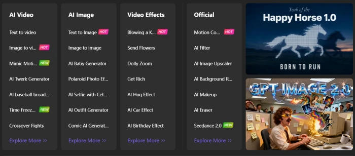 SeaArt.ai all tools view showing comprehensive AI creative toolkit including image generation video AI characters story apps face swap LoRA training and upscaling