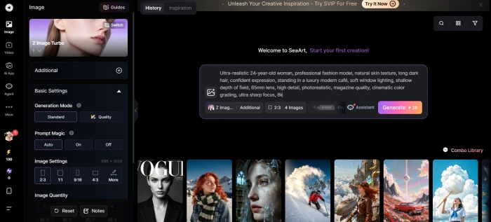 SeaArt.ai image generation dashboard with detailed cinematic fashion prompt input model selection style controls resolution and aspect ratio settings
