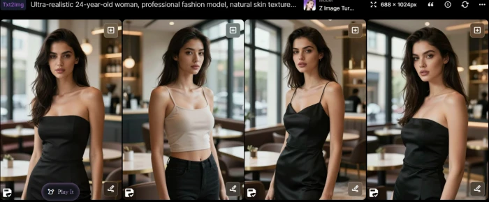 SeaArt.ai generated four image output grid showing photorealistic fashion model variations in luxury modern cafe setting with natural window lighting cinematic color grading and shallow depth of field