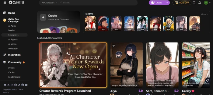 SeaArt.ai AI character dashboard showing community-created AI character profiles with personality descriptions chat entry points and character creation interface