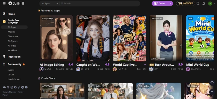 SeaArt.ai AI apps dashboard with community-built mini applications categorized by use case including image enhancement video creation creative writing and specialized AI tools