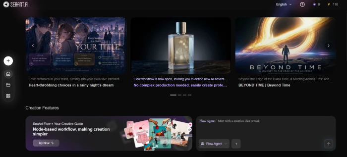 SeaArt.ai story creation dashboard with AI-assisted narrative writing workflow character integration plot development and visual scene generation tools