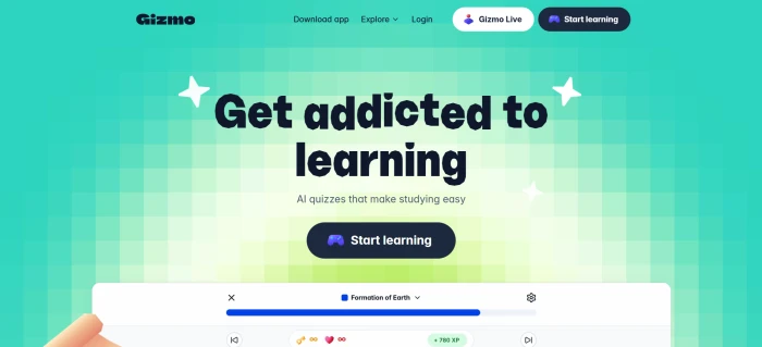 Gizmo.ai marketing dashboard showing AI learning assistant value proposition platform overview and signup entry for student study tool