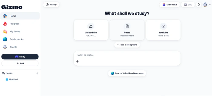 Gizmo.ai post-login authenticated dashboard with AI quiz generation entry deck library access progress tracking display and content import workflow