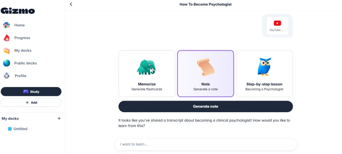 Gizmo.ai content import interface showing YouTube video URL pasted into input field with Memorize button highlighted ready for AI flashcard and quiz generation workflow