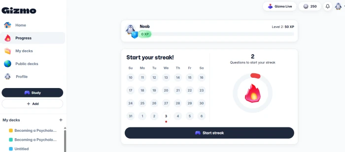 Gizmo.ai progress dashboard with study analytics retention metrics daily streak counter weekly progress chart and strength weakness identification across study decks