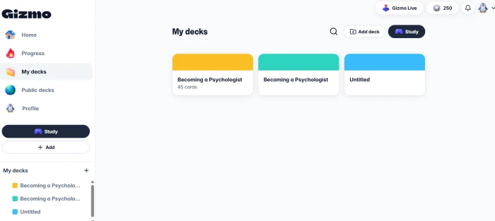 Gizmo.ai My Decks library showing user-created flashcard decks AI-generated from imported content categorized by subject topic and study session history