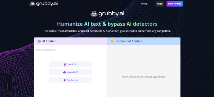 Grubby.ai marketing dashboard showing AI humanizer detection bypass guarantee claims pricing entry and platform value proposition for AI content humanization
