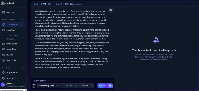 Grubby.ai AI humanizer dashboard with text input field humanization mode selection standard premium controls and submit entry for AI content rewriting workflow