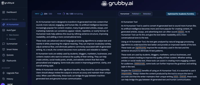 Grubby.ai humanized output text displayed in result panel showing rewrite of original AI generated content with natural language transformation and word count statistics