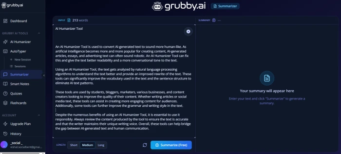 Grubby.ai AI summarizer dashboard with text input area summarization mode selection length controls extractive abstractive options and key point extraction workflow