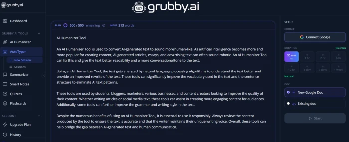Grubby.ai autotyper dashboard with text input typing speed settings human-like typing simulation patterns and live submission workflow controls
