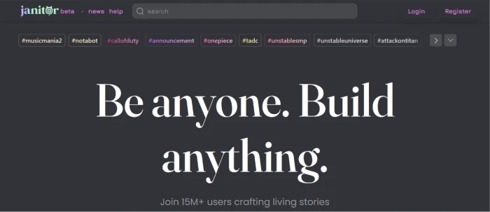 JanitorAI homepage showing AI character chat platform value proposition with featured user-generated characters and category browsing entry point for community-created AI roleplay companion experience