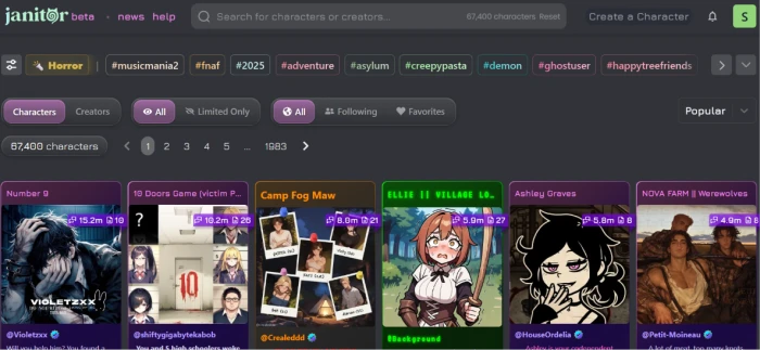JanitorAI post-login dashboard with character library browsing personalized recommendations user-controlled content filter toggles and account-level chat history navigation controls
