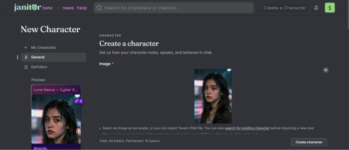 JanitorAI character creation dashboard with personality definition fields background scenario configuration opening dialogue setup category tag selection and content visibility controls for user-generated AI character building workflow